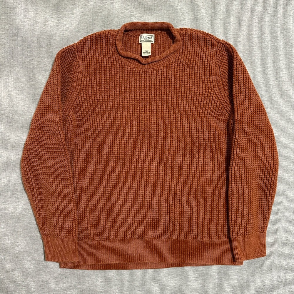 LL Bean Mens Organic Cotton Waffle Knit Sweater Rust Orange Large 509337